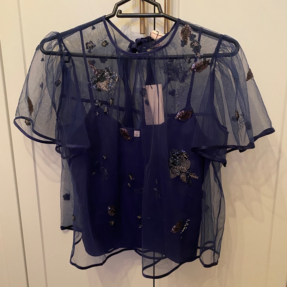Cinq a Sept sheer blue embellished blouse